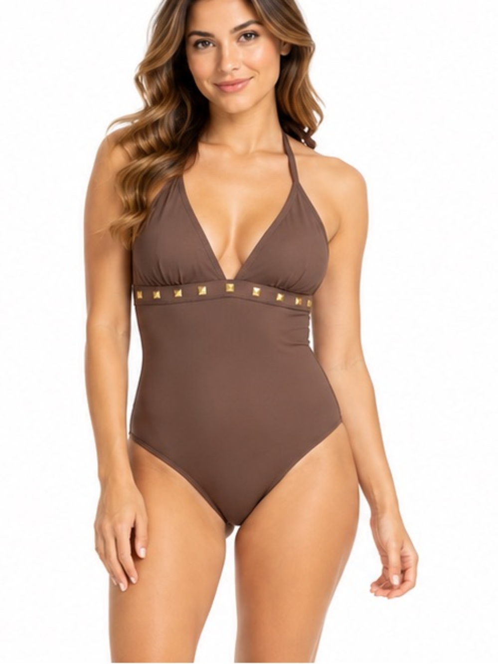 Merona Brown Studded One Piece Swimsuit Size Small Halter Neck